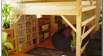 rustic adult loft bed with stairs with bookshelf at the bottom