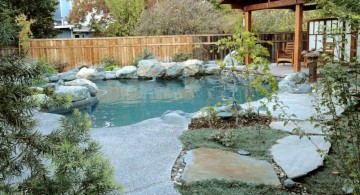 rustic japanese style backyard with pergola and koi pond