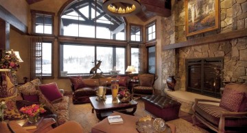 rustic living room ideas with chandelier and French windows