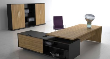 rustic sleek office desk with black shelf