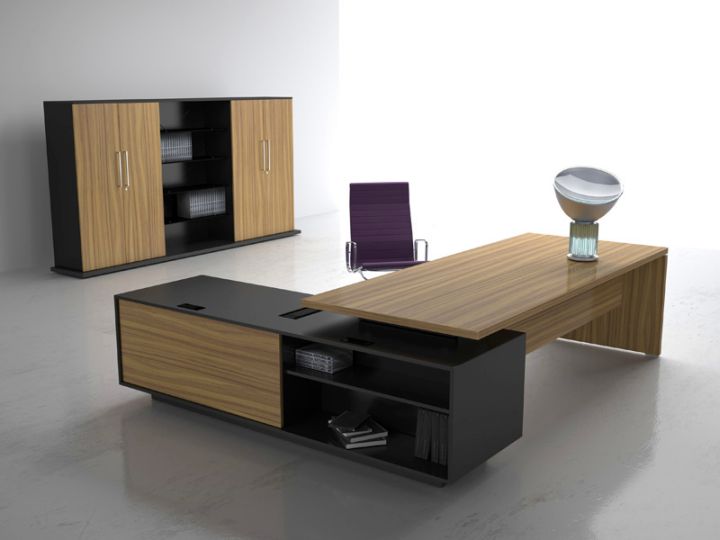 rustic sleek office desk with black shelf