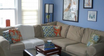 simple on budget blue and brown living room