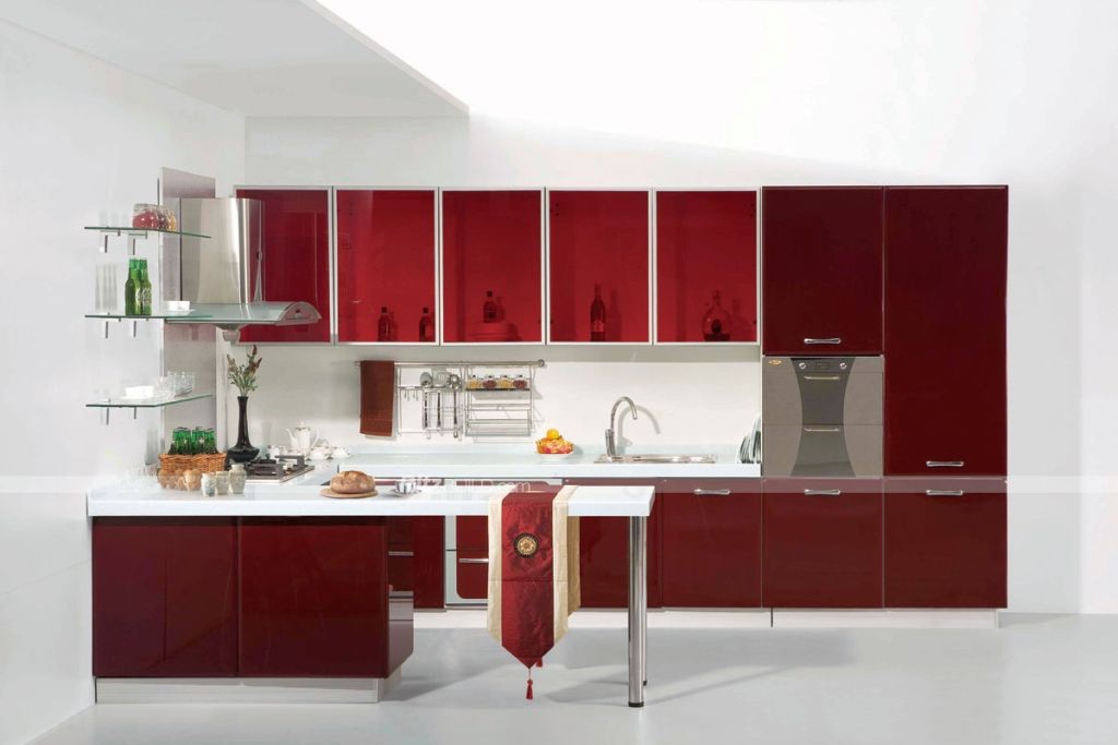 simple red lacquer kitchen cabinet