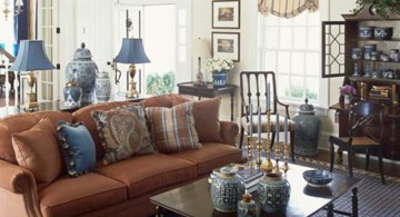 simple vintage blue and brown living room