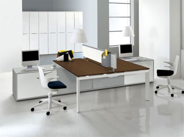 sleek office desk in brown and white