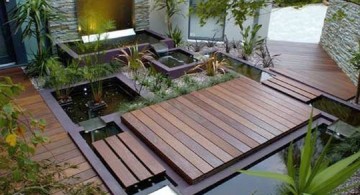small japanese garden design ideas with pond and wooden deck