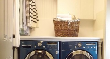 small laundry room storage solutions for small space with blue washing machines