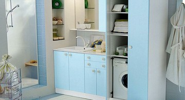 small laundry room storage solutions with baby blue palette