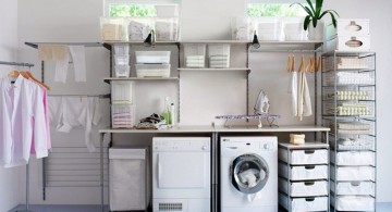 small laundry room storage solutions with stacked boxes