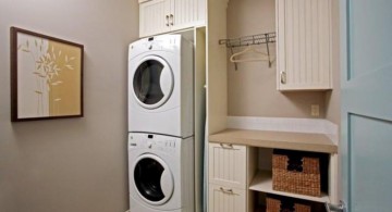 small laundry room storage solutions with stacked rattan boxes