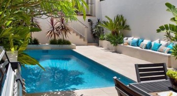 small pool ideas for family with dark wooden furniture and some lovely green plants