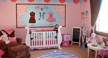spacious pink baby room ideas with blue zebra rug