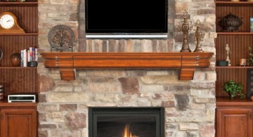 stack stone fireplaces between the shelves