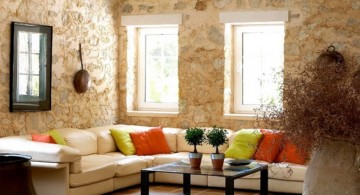 stone walled beige living room walls