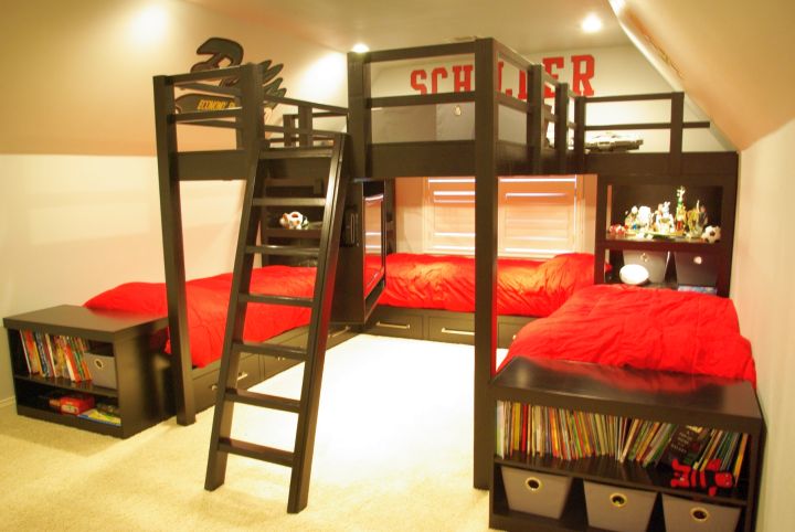 stylish bunk beds with common space above