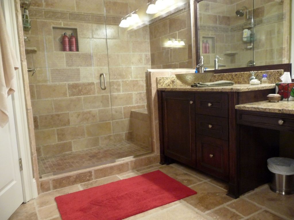 tiny bathroom design ideas with dark wood cabinet and red floor mat