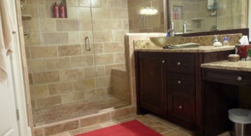 tiny bathroom design ideas with dark wood cabinet and red floor mat