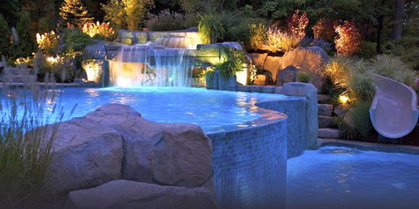two tiered pool shapes and designs with fake waterfall