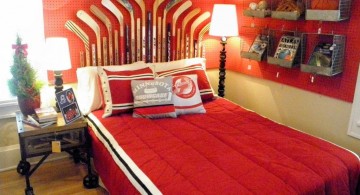 unique hockey bedrooms with hockey sticks as bedstand