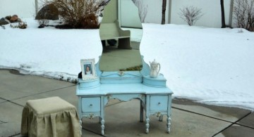 vanity chair with skirt and blue vanity table