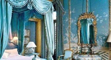 victorian era luxurious blue and gold bedroom