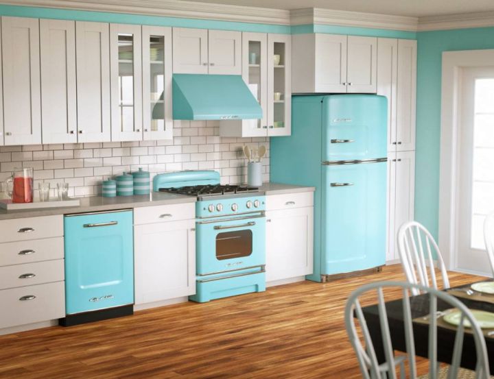 vintage and retro kitchen design in egg blue and white