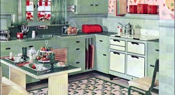 vintage and retro kitchen design with blue cabinets and flower curtains