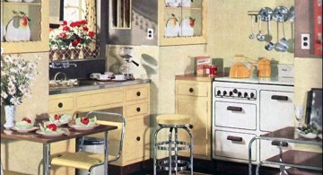 vintage and retro kitchen design with cream walls and white cabinets