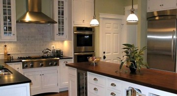 vintage and retro kitchen design with varnished countertop and white cabinet