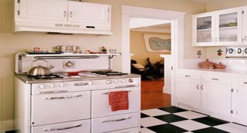 vintage and retro kitchen design with white cabinets and big checkered tiles