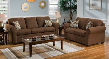 vintage blue and brown living room with small square rug