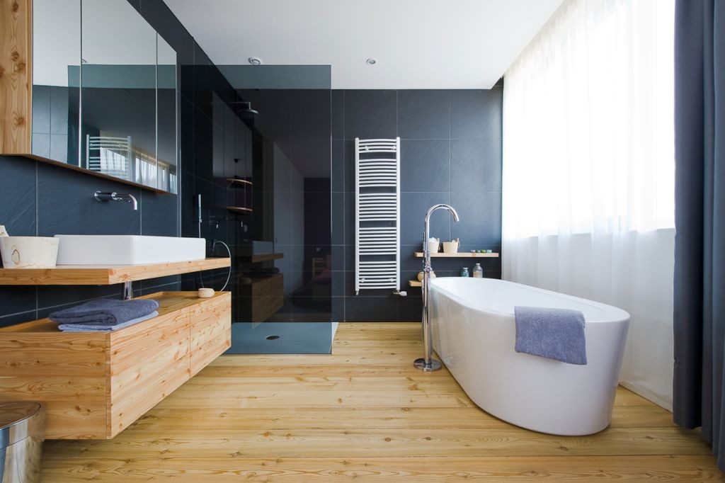 wooden bathroom designs with blue walls