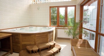 wooden bathroom designs with unique tub