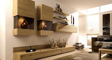 wooden panel wall shelving units for living room