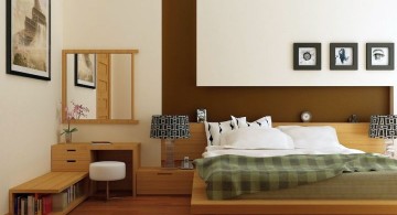 zen bedroom ideas with wooden floor and low shelf