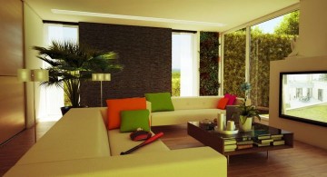 zen living room ideas with green sofa and colorful cushions