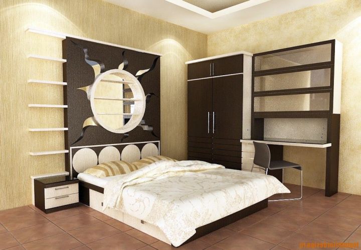 Asian bedroom with headboard panel