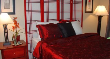 Asian bedroom with minimalist separator as headboard