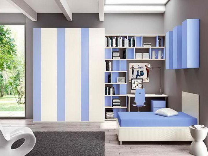 Boys room color striped blue and white with grey sofa