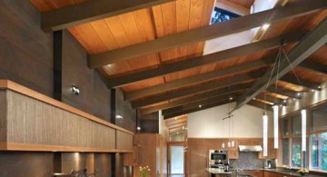 Exposed beam ceiling design in modern rustic kitchen with all brown furniture