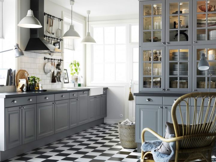 Grey Kitchen Ideas with glass cabinet