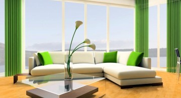 Grey and Green living room with green curtains