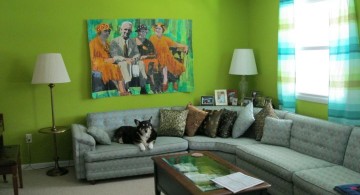 Grey and Green with L shaped sofa and green wall