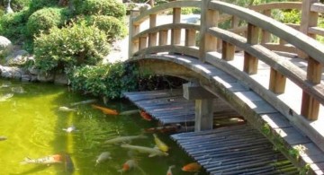 Japanese garden bridge plans across koi pond