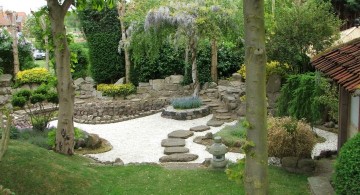 Japanese landscape design with sand garden and stone pathway