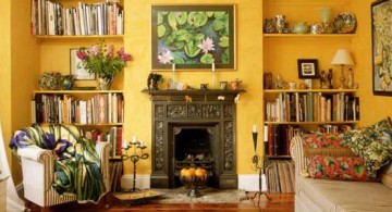 Tuscan living room decor for small rooms featuring yellow wall painting and warm vintage interior decoration