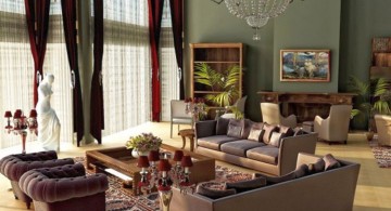 Tuscan living room decor with red curtains