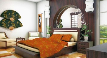 asian inspired bedroom with large fans decor