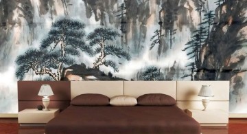 asian inspired bedroom with nature painting wall panel