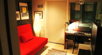 bedroom basement ideas with red murphy bed for limited space